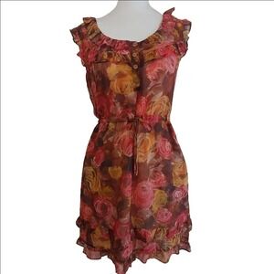 J.Crew Silk Floral Ruffle Mini Dress Womens 0 Red Orange Brown Rose Chiffon